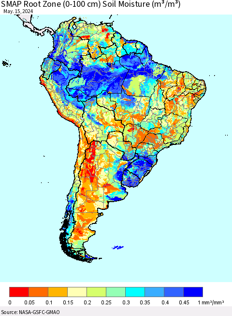 South America SMAP Root Zone (0-100 cm) Soil Moisture (m³/m³) Thematic Map For 5/11/2024 - 5/15/2024
