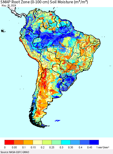 South America SMAP Root Zone (0-100 cm) Soil Moisture (m³/m³) Thematic Map For 5/16/2024 - 5/20/2024