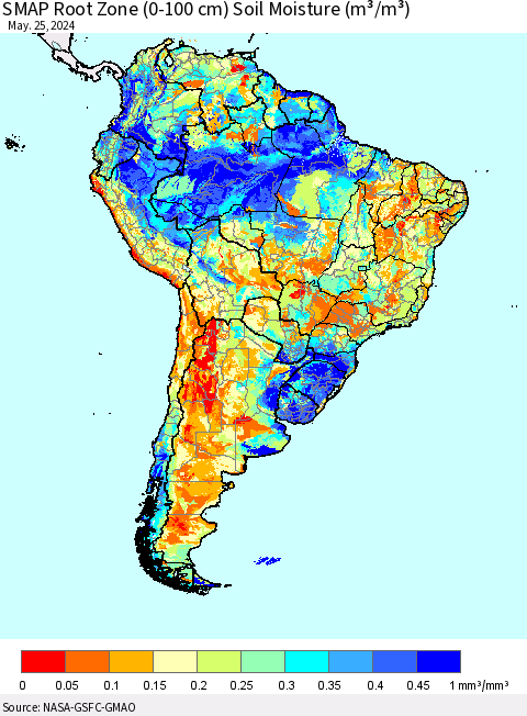 South America SMAP Root Zone (0-100 cm) Soil Moisture (m³/m³) Thematic Map For 5/21/2024 - 5/25/2024