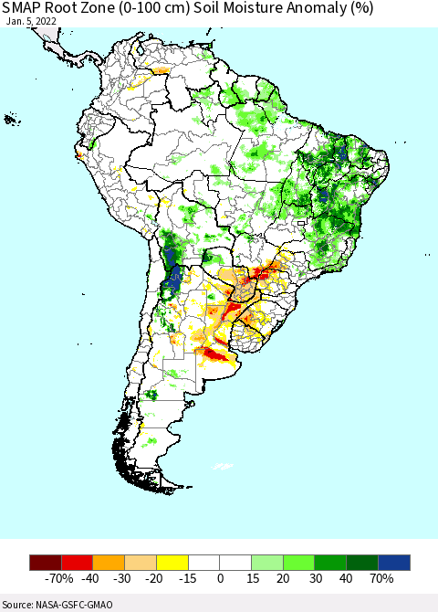 South America SMAP Root Zone (0-100 cm) Soil Moisture Anomaly (%) Thematic Map For 1/1/2022 - 1/5/2022