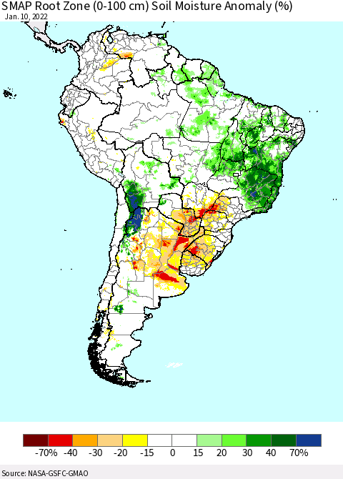 South America SMAP Root Zone (0-100 cm) Soil Moisture Anomaly (%) Thematic Map For 1/6/2022 - 1/10/2022