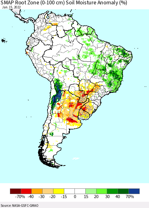 South America SMAP Root Zone (0-100 cm) Soil Moisture Anomaly (%) Thematic Map For 1/11/2022 - 1/15/2022