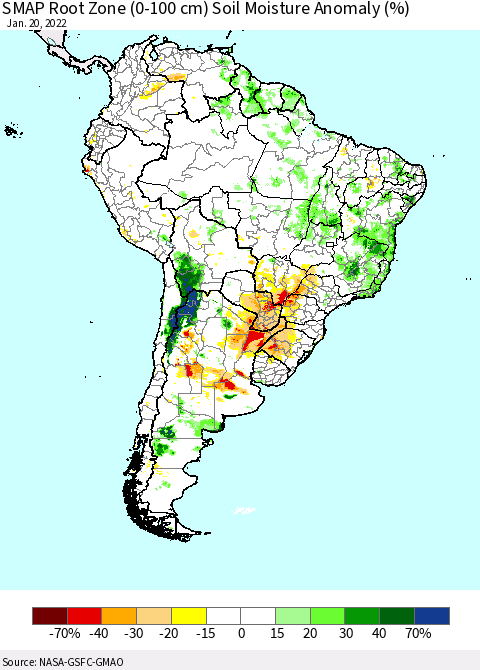 South America SMAP Root Zone (0-100 cm) Soil Moisture Anomaly (%) Thematic Map For 1/16/2022 - 1/20/2022