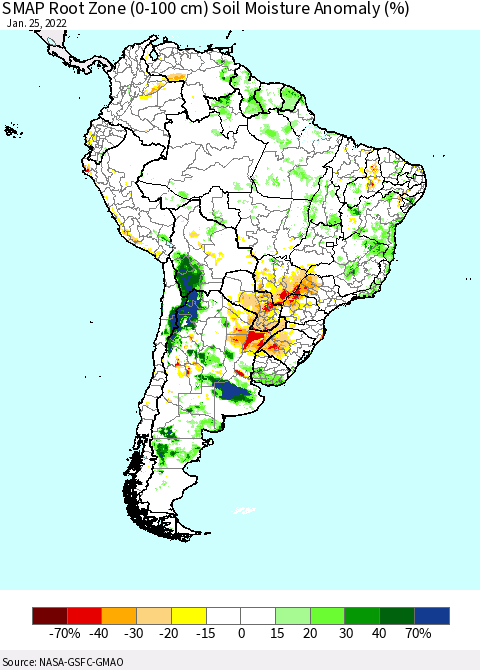 South America SMAP Root Zone (0-100 cm) Soil Moisture Anomaly (%) Thematic Map For 1/21/2022 - 1/25/2022