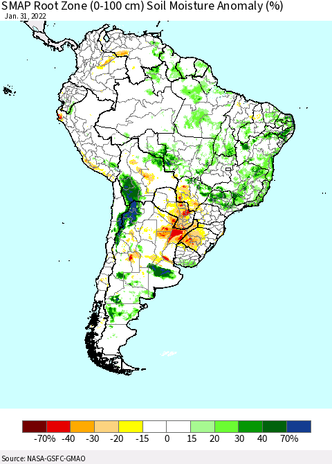 South America SMAP Root Zone (0-100 cm) Soil Moisture Anomaly (%) Thematic Map For 1/26/2022 - 1/31/2022