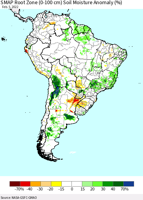 South America SMAP Root Zone (0-100 cm) Soil Moisture Anomaly (%) Thematic Map For 2/1/2022 - 2/5/2022