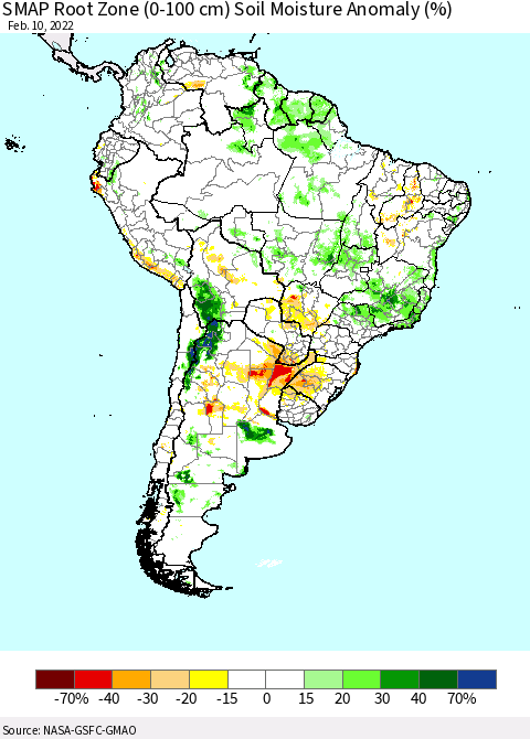 South America SMAP Root Zone (0-100 cm) Soil Moisture Anomaly (%) Thematic Map For 2/6/2022 - 2/10/2022