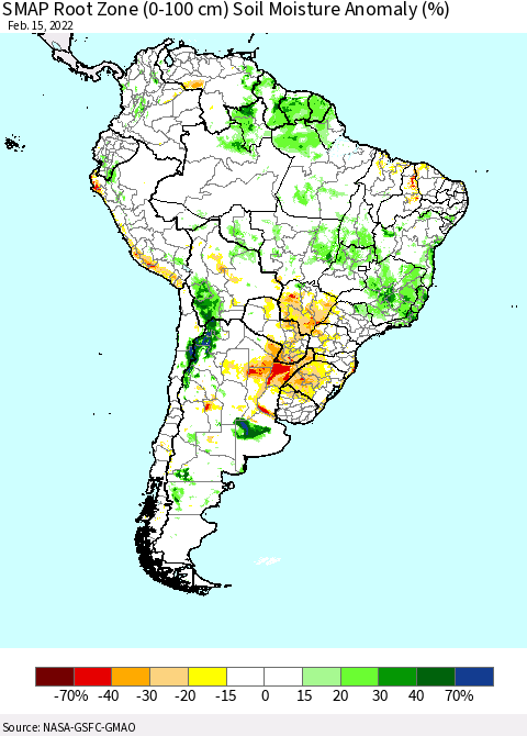 South America SMAP Root Zone (0-100 cm) Soil Moisture Anomaly (%) Thematic Map For 2/11/2022 - 2/15/2022