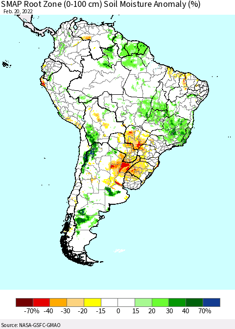 South America SMAP Root Zone (0-100 cm) Soil Moisture Anomaly (%) Thematic Map For 2/16/2022 - 2/20/2022