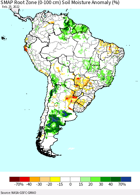 South America SMAP Root Zone (0-100 cm) Soil Moisture Anomaly (%) Thematic Map For 2/21/2022 - 2/25/2022