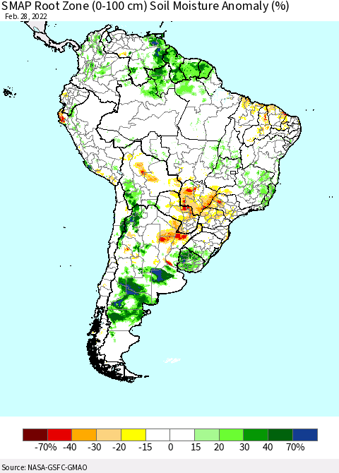 South America SMAP Root Zone (0-100 cm) Soil Moisture Anomaly (%) Thematic Map For 2/26/2022 - 2/28/2022