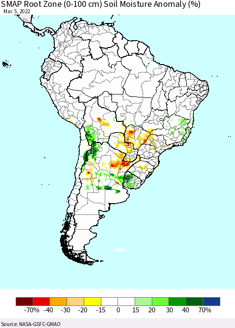 South America SMAP Root Zone (0-100 cm) Soil Moisture Anomaly (%) Thematic Map For 3/1/2022 - 3/5/2022