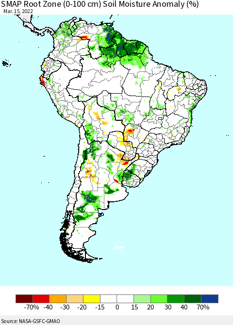 South America SMAP Root Zone (0-100 cm) Soil Moisture Anomaly (%) Thematic Map For 3/11/2022 - 3/15/2022