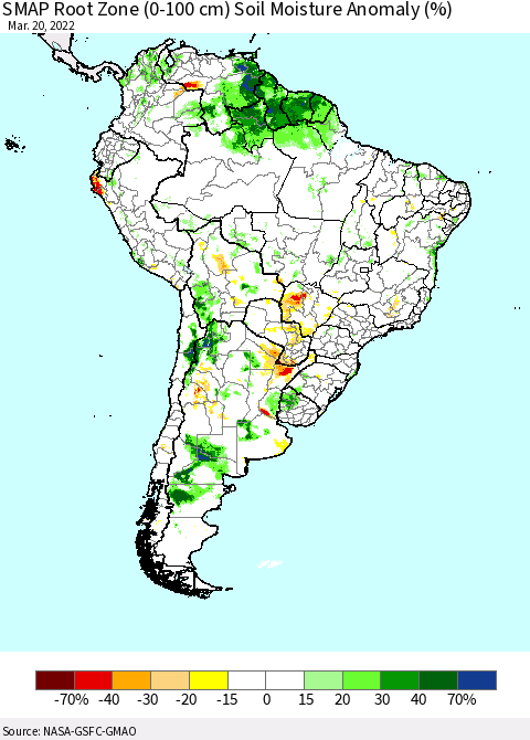 South America SMAP Root Zone (0-100 cm) Soil Moisture Anomaly (%) Thematic Map For 3/16/2022 - 3/20/2022