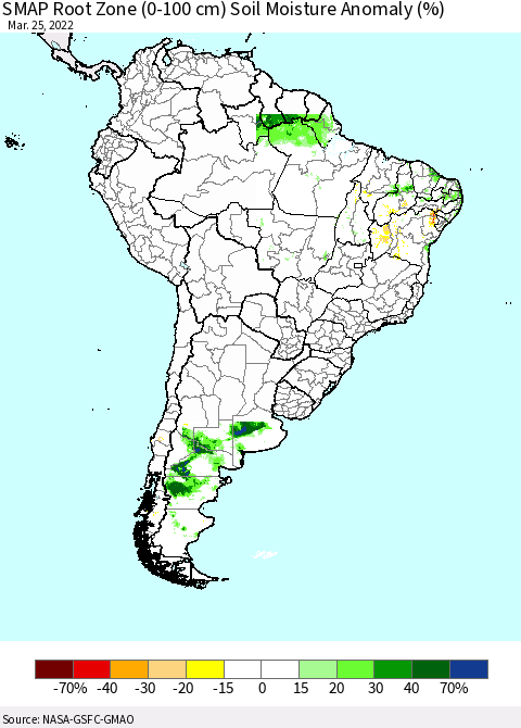 South America SMAP Root Zone (0-100 cm) Soil Moisture Anomaly (%) Thematic Map For 3/21/2022 - 3/25/2022
