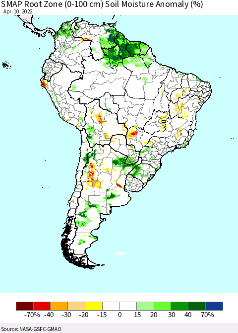 South America SMAP Root Zone (0-100 cm) Soil Moisture Anomaly (%) Thematic Map For 4/6/2022 - 4/10/2022