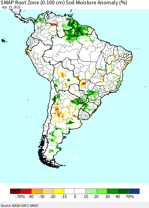 South America SMAP Root Zone (0-100 cm) Soil Moisture Anomaly (%) Thematic Map For 4/11/2022 - 4/15/2022