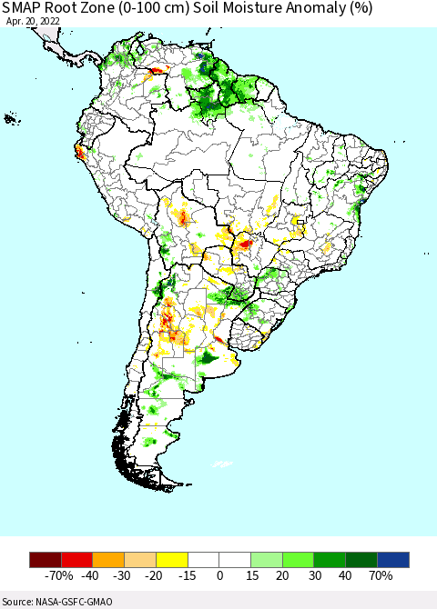 South America SMAP Root Zone (0-100 cm) Soil Moisture Anomaly (%) Thematic Map For 4/16/2022 - 4/20/2022