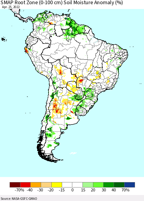 South America SMAP Root Zone (0-100 cm) Soil Moisture Anomaly (%) Thematic Map For 4/21/2022 - 4/25/2022