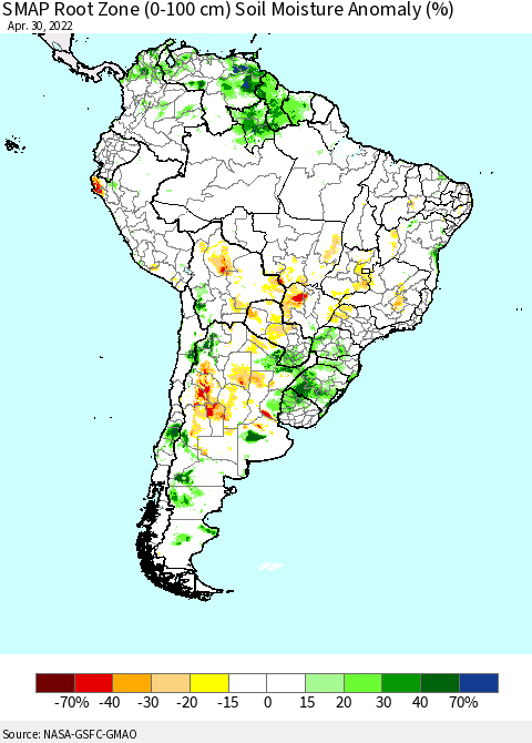 South America SMAP Root Zone (0-100 cm) Soil Moisture Anomaly (%) Thematic Map For 4/26/2022 - 4/30/2022