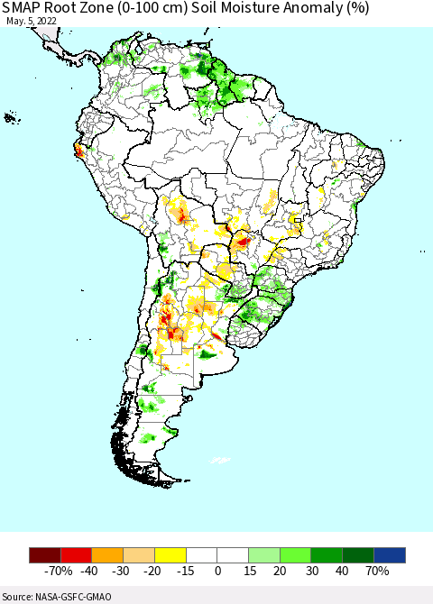 South America SMAP Root Zone (0-100 cm) Soil Moisture Anomaly (%) Thematic Map For 5/1/2022 - 5/5/2022