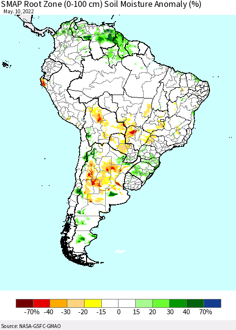 South America SMAP Root Zone (0-100 cm) Soil Moisture Anomaly (%) Thematic Map For 5/6/2022 - 5/10/2022