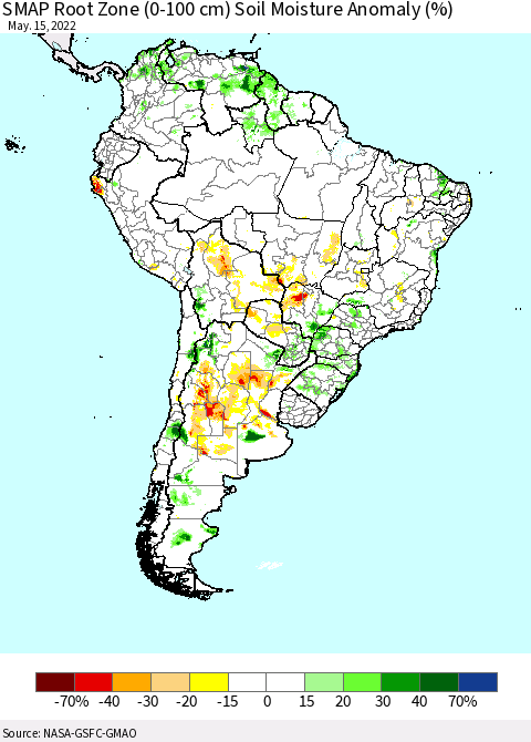 South America SMAP Root Zone (0-100 cm) Soil Moisture Anomaly (%) Thematic Map For 5/11/2022 - 5/15/2022