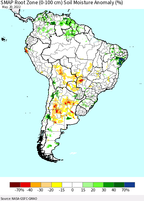 South America SMAP Root Zone (0-100 cm) Soil Moisture Anomaly (%) Thematic Map For 5/16/2022 - 5/20/2022