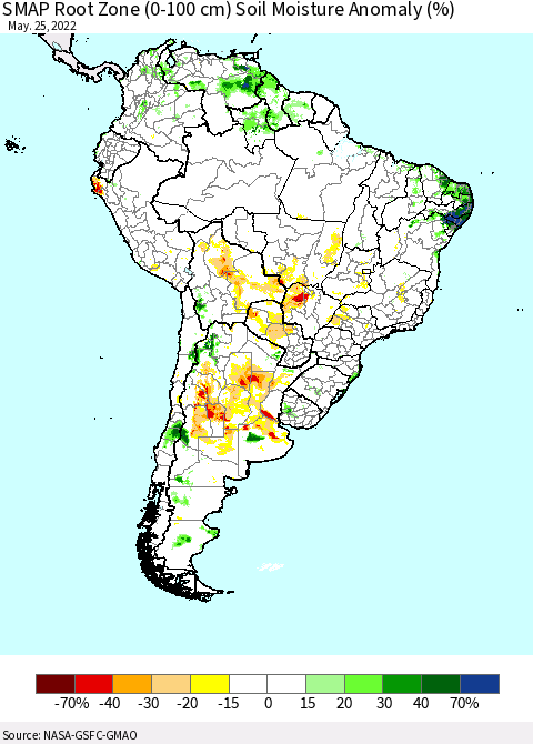 South America SMAP Root Zone (0-100 cm) Soil Moisture Anomaly (%) Thematic Map For 5/21/2022 - 5/25/2022