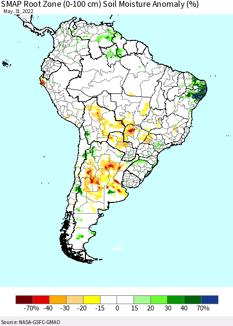 South America SMAP Root Zone (0-100 cm) Soil Moisture Anomaly (%) Thematic Map For 5/26/2022 - 5/31/2022