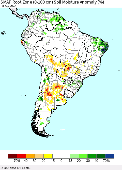 South America SMAP Root Zone (0-100 cm) Soil Moisture Anomaly (%) Thematic Map For 6/1/2022 - 6/5/2022