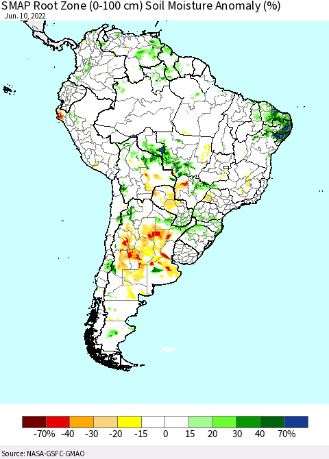 South America SMAP Root Zone (0-100 cm) Soil Moisture Anomaly (%) Thematic Map For 6/6/2022 - 6/10/2022
