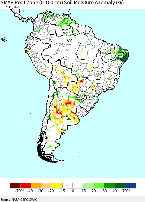South America SMAP Root Zone (0-100 cm) Soil Moisture Anomaly (%) Thematic Map For 6/11/2022 - 6/15/2022