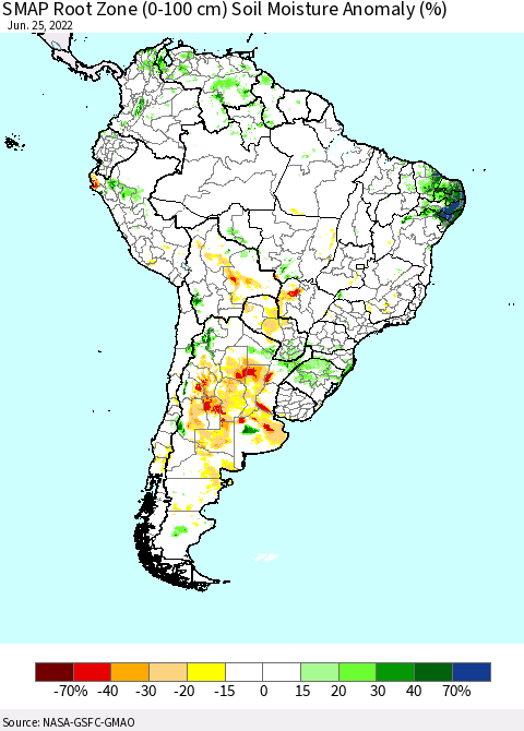 South America SMAP Root Zone (0-100 cm) Soil Moisture Anomaly (%) Thematic Map For 6/21/2022 - 6/25/2022