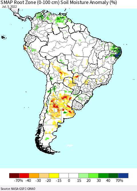 South America SMAP Root Zone (0-100 cm) Soil Moisture Anomaly (%) Thematic Map For 7/1/2022 - 7/5/2022