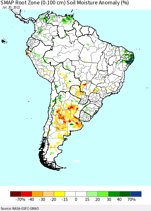 South America SMAP Root Zone (0-100 cm) Soil Moisture Anomaly (%) Thematic Map For 7/16/2022 - 7/20/2022