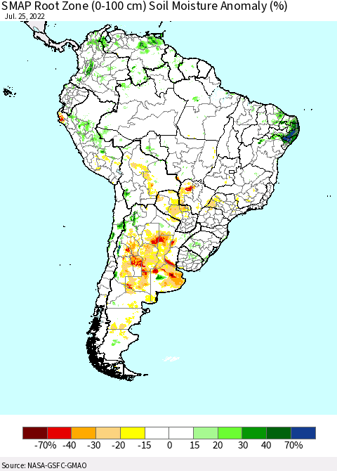 South America SMAP Root Zone (0-100 cm) Soil Moisture Anomaly (%) Thematic Map For 7/21/2022 - 7/25/2022