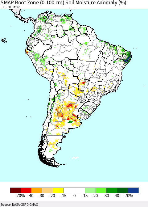 South America SMAP Root Zone (0-100 cm) Soil Moisture Anomaly (%) Thematic Map For 7/26/2022 - 7/31/2022