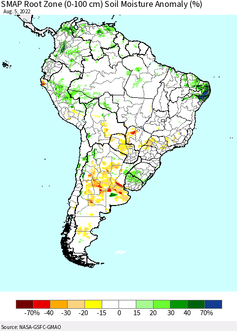 South America SMAP Root Zone (0-100 cm) Soil Moisture Anomaly (%) Thematic Map For 8/1/2022 - 8/5/2022
