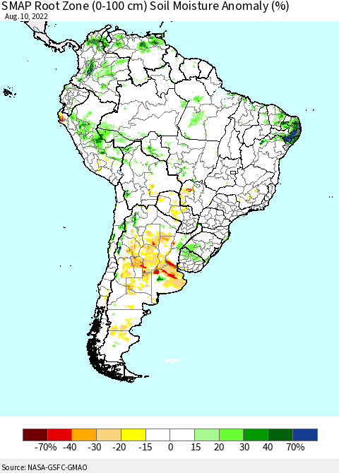 South America SMAP Root Zone (0-100 cm) Soil Moisture Anomaly (%) Thematic Map For 8/6/2022 - 8/10/2022