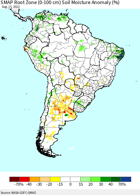South America SMAP Root Zone (0-100 cm) Soil Moisture Anomaly (%) Thematic Map For 8/11/2022 - 8/15/2022