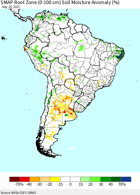 South America SMAP Root Zone (0-100 cm) Soil Moisture Anomaly (%) Thematic Map For 8/16/2022 - 8/20/2022
