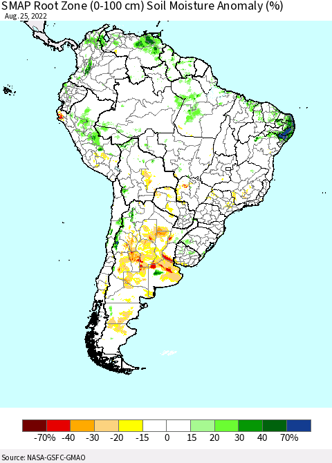 South America SMAP Root Zone (0-100 cm) Soil Moisture Anomaly (%) Thematic Map For 8/21/2022 - 8/25/2022