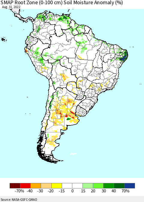 South America SMAP Root Zone (0-100 cm) Soil Moisture Anomaly (%) Thematic Map For 8/26/2022 - 8/31/2022