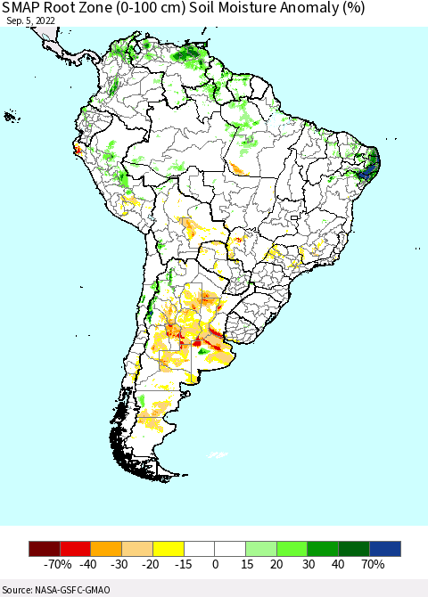 South America SMAP Root Zone (0-100 cm) Soil Moisture Anomaly (%) Thematic Map For 9/1/2022 - 9/5/2022