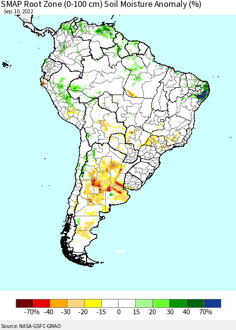 South America SMAP Root Zone (0-100 cm) Soil Moisture Anomaly (%) Thematic Map For 9/6/2022 - 9/10/2022