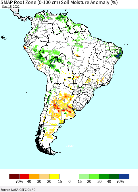 South America SMAP Root Zone (0-100 cm) Soil Moisture Anomaly (%) Thematic Map For 9/11/2022 - 9/15/2022
