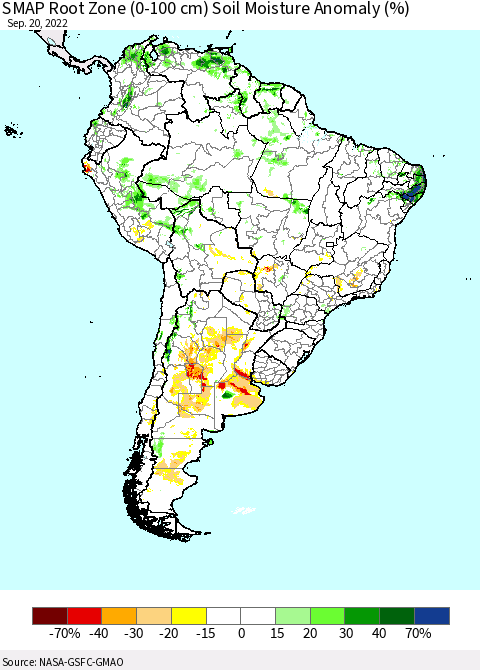 South America SMAP Root Zone (0-100 cm) Soil Moisture Anomaly (%) Thematic Map For 9/16/2022 - 9/20/2022