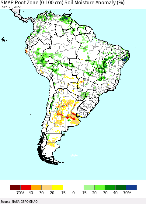 South America SMAP Root Zone (0-100 cm) Soil Moisture Anomaly (%) Thematic Map For 9/21/2022 - 9/25/2022