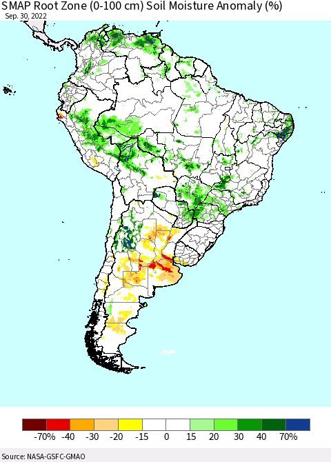 South America SMAP Root Zone (0-100 cm) Soil Moisture Anomaly (%) Thematic Map For 9/26/2022 - 9/30/2022